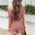 thumbnail image 4 of LOVZFMLL Women Ladies Solid Summer Short Sleeve Round-Neck Bandage Pocket Short Jumpsuit Red M, 4 of 9