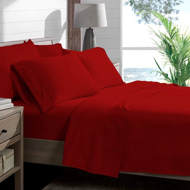 Sheet Set Red Solid 100 Percent Pure Cotton Super Soft 4-Piece Sheet Set with 36" Inch Pocket Sheet Set 450TC (Queen, Red)