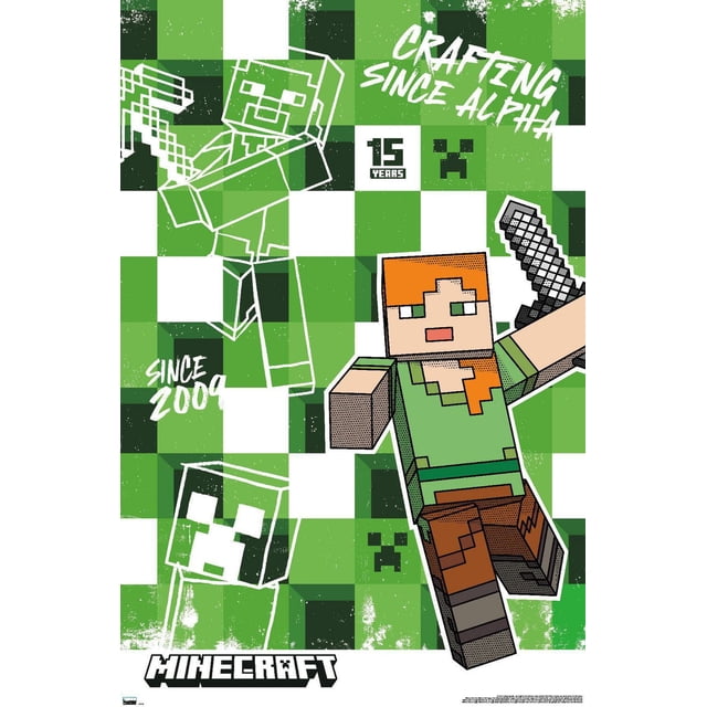 Minecraft: 15th Anniversary - Crafting Since Alpha Wall Poster, 22.375" x 34", depicting pixelated Minecraft characters on a green and white checkered background with text 'Crafting Since Alpha,' '15 Years,' and 'Since 2009,' celebrating the game's 15-year milestone, ideal for decorating bedrooms, offices, or dorm rooms.