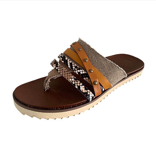 Penkiiy Women's Clip-Toe Flip Flops Studded Canvas Flat Sandals,Summer Fashion Buckle-Strap Back Zipper Orthopedic Open Toe Flops,Casual Fringe Boho Comfy Slip on Beach Slippers 39 Brown