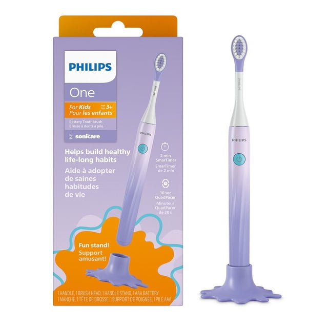Philips One for Kids by Sonicare Brosse à Dents à Pile Violette avec une mini Tête de Brosse et des Poils Souples, Dotée d'Un Bouton d'Alimentation Bleu et d'Un Support Violet Amusant, Conçue pour les Enfants de 3 Ans et Plus avec un SmarTimer de 2 Minutes et un QuadPacer de 30 Secondes pour Assurer un Brossage en Profondeur et Développer des Habitudes Santé.