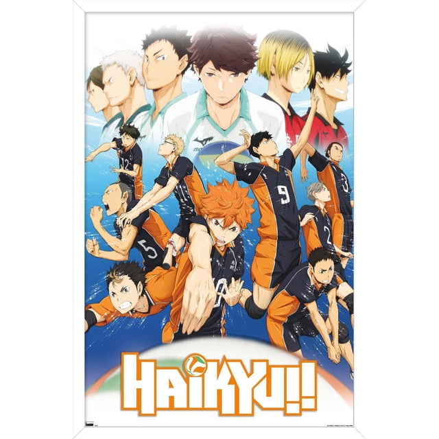 Haikyu!! - Affiche Murale Key Art 2, 22,375 Po x 34 Po Encadrée Mettant en Vedette des Joueurs d'Anime de volleyball en Uniformes Noirs et orange dans des poses d'Action Dynamiques avec un Fond Bleu et des Joueurs plus Grands Délavés en Chandails Blancs et Rouges au-Dessus, plus le logo Haikyu!! au Bas, Convient à la Décoration Murale de Chambre Ou de Bureau.