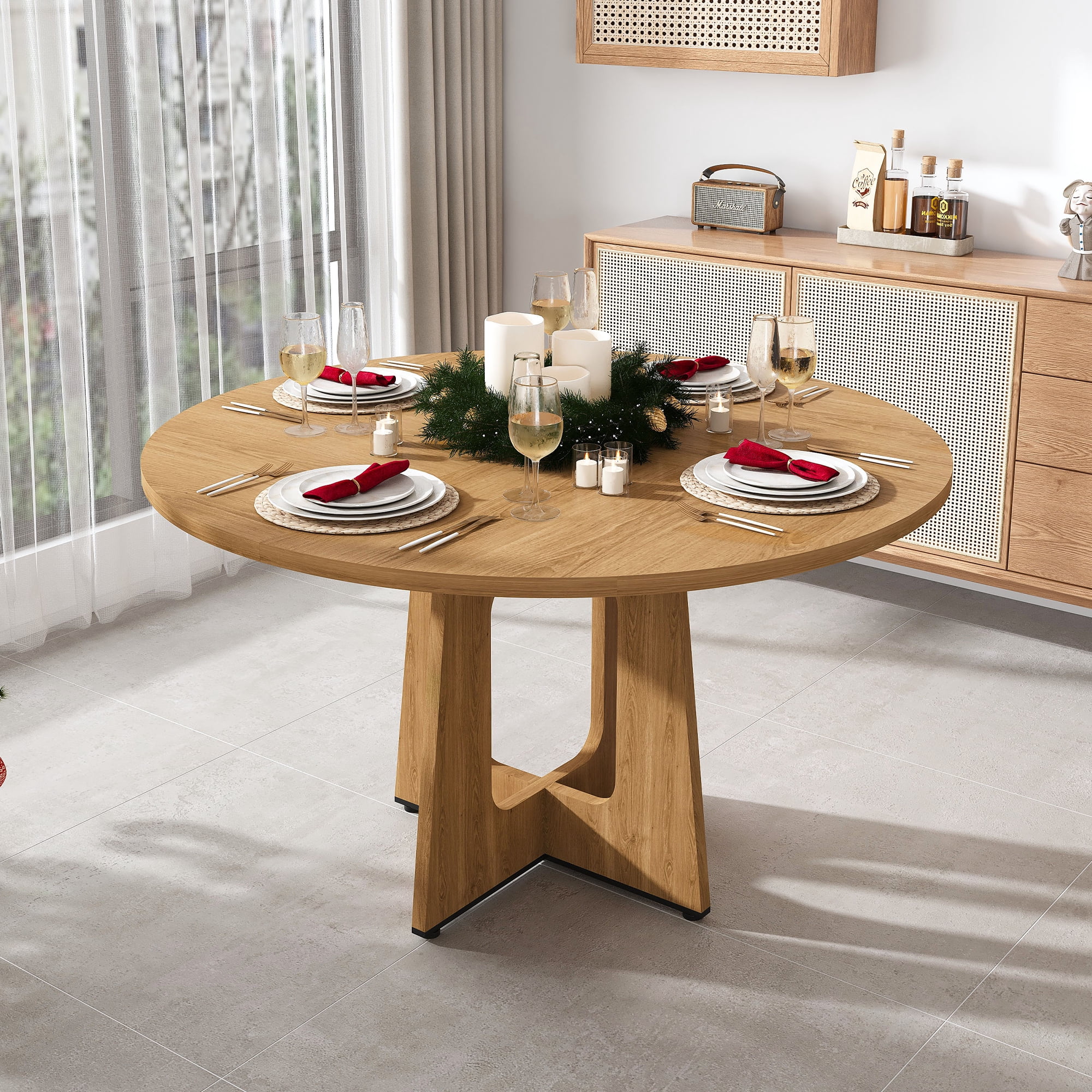 Noble House 47" Round Dining Table for 4,Farmhouse MDF Circle Table with Wood Grain Finish,Oak