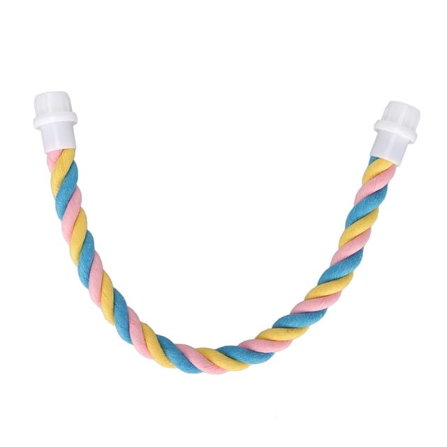 Bird Perch Rope, Rope Perch Multipurpose for Cockatoos 60cm/23.6in. A flexible cotton rope perch with a multicoloured twisted design in blue, pink, and yellow. Features white plastic screw caps on both ends for easy installation in bird cages. Suitable for larger birds like macaws, providing joint support and a comfortable grip.