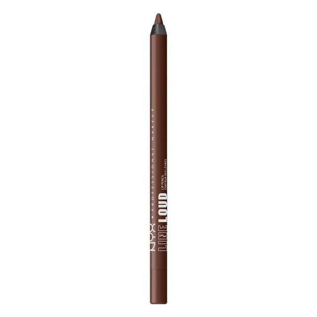 NYX PROFESSIONAL MAKEUP Line Loud Waterproof Lip Pencil in brown with a slim matte finish and white branding text, sharpened tip, infused with vitamin E and jojoba oil for smooth, long-lasting, waterproof lip definition in a vegan formula.