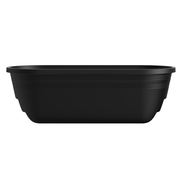 Mainstays Jardinière Boîte de Fenêtre Over Rail de 24 Pouces en Plastique Noir, Montrée sur un Profil Latéral Centré avec une Forme Rectangulaire et des Coins Arrondis, avec des Nervures Horizontales Près du Bord Supérieur, Conçue pour s'Ajuster Solidement au-Dessus des Rampes de Balcon Ou de Terrasse, Légère et durable avec drainage Intégré pour une Croissance Saine des Plantes, Convient aux Fleurs, aux Herbes Ou aux Plantes Décoratives.