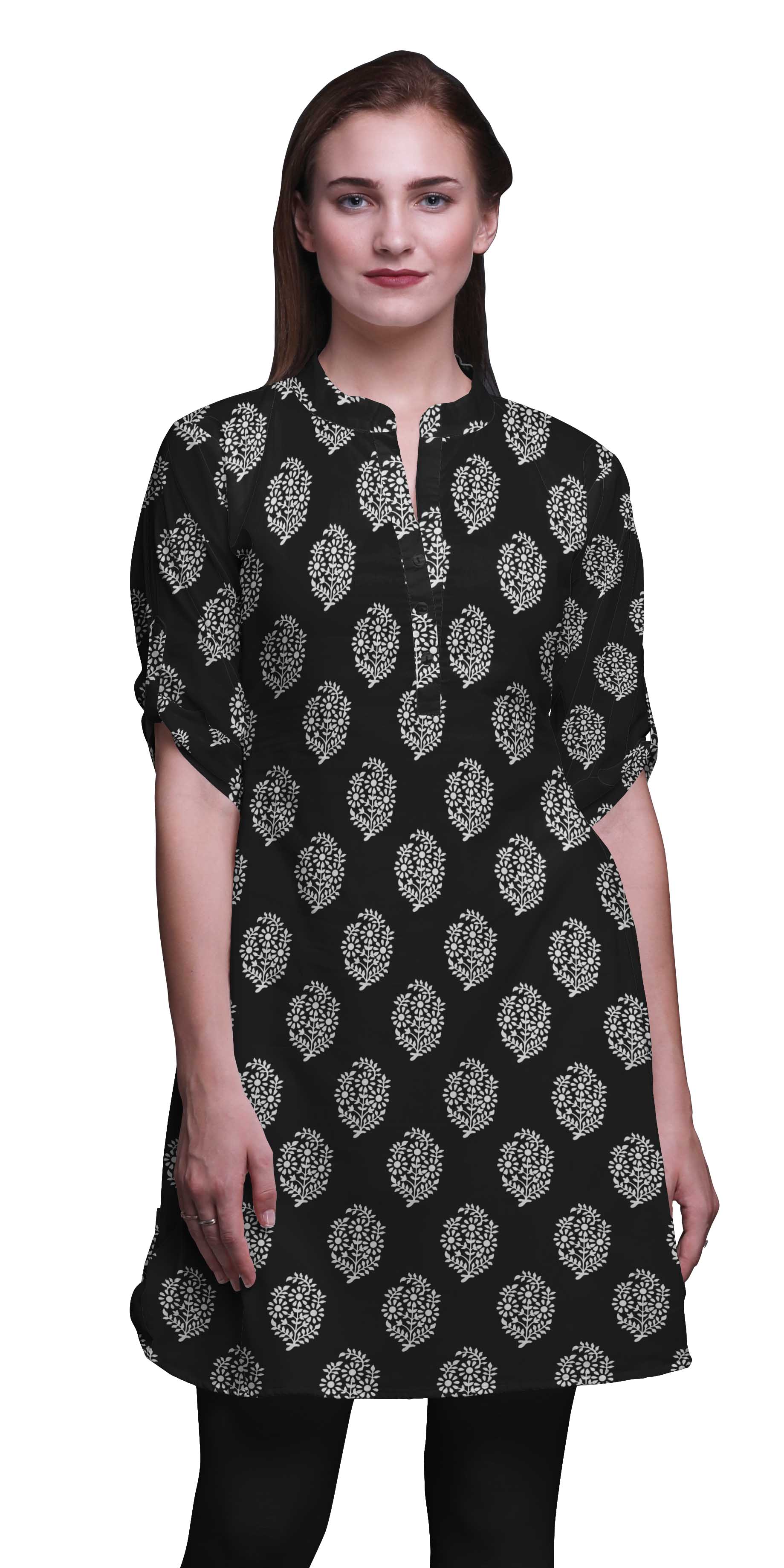 Bimba Kurti à Manches Retroussables pour Femmes, Col Mandarin Imprimé, Hauts de Kurti Courts