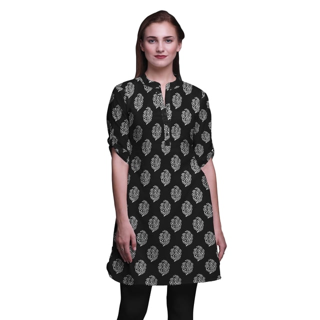 Bimba Kurti à Manches Retroussables pour Femmes, Col Mandarin Imprimé, Hauts de Kurti Courts