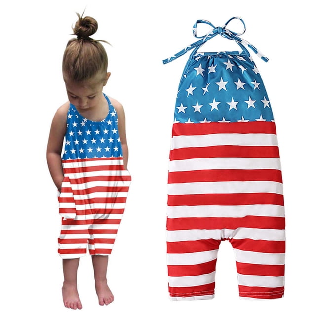 EGNMCR Girls' Jumpsuits & Rompers Girls Children's Summer Independence Day Romper Sling Sleeveless Backless Short Jumpsuit Kid Rompers