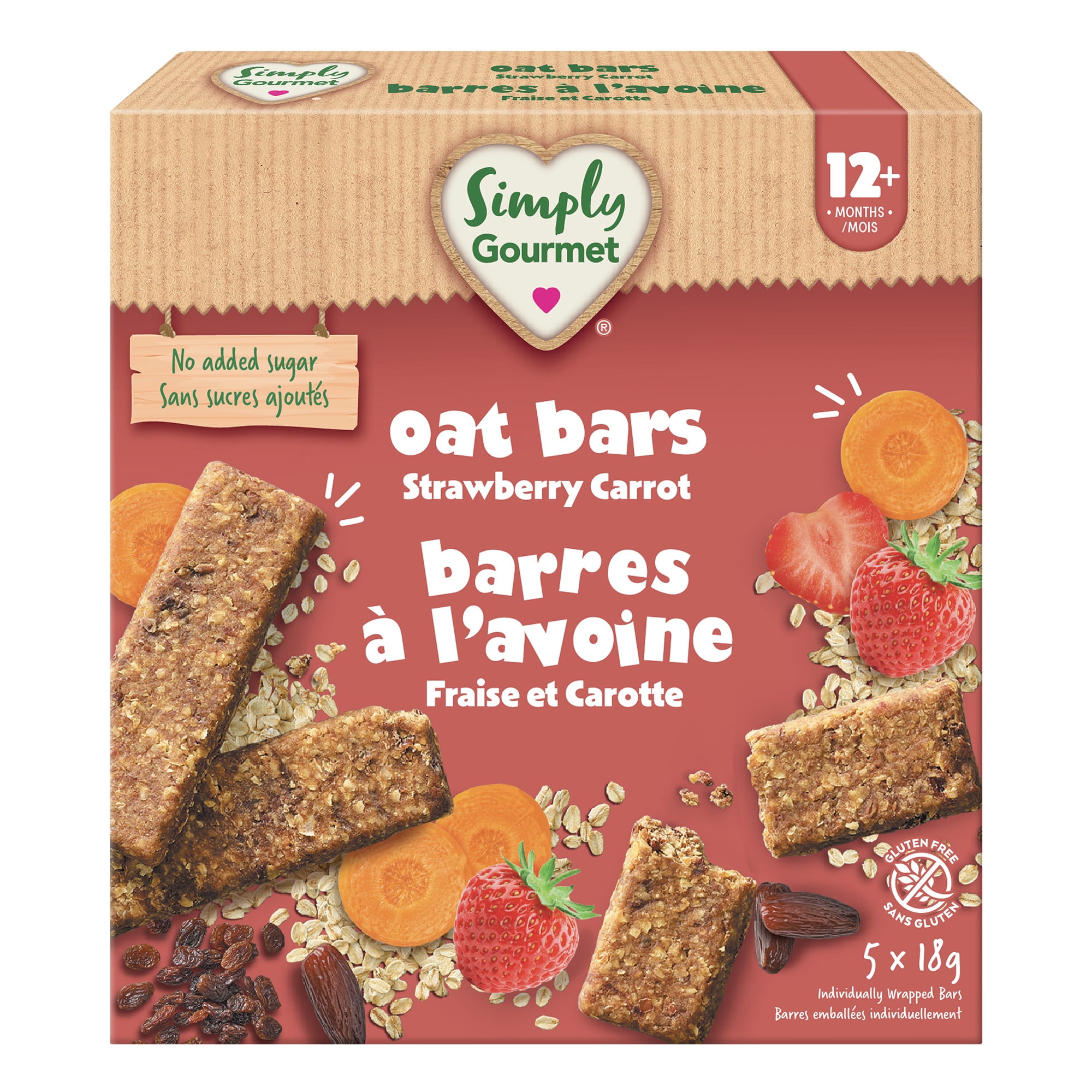 Simply Gourmet Strawberry Carrot Oat Bars, Gluten Free Toddler Snack For Self-Feeders 12 Months+, 18g Bar (5 Pack), 90g 18g