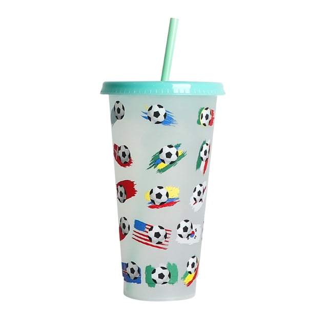 Drinking Glass Creative Water Cup Football Cup Pp Plastic Straw Cup Football Plastic Transparent Straw Cup 710Ml Cold Change Temperature Sensitive Plastic Cup, Kitchen Glass&Bottle