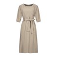 thumbnail image 4 of EGNMCR Robe Femme en Coton et Lin Col Rond Couleur Unie Manches Mi-Longues Ample Confortable Douce Robes Ceinture Corset Grande Taille Tendance Élégante Décontractée Robes Midi, 4 of 8