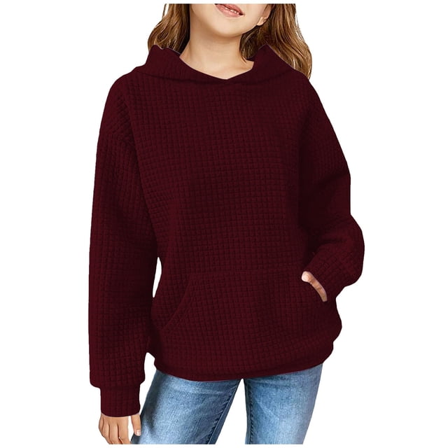 FAOWME Child Solid Color Hooded Silk Checked Tops Coat Wine 5-6 Years
