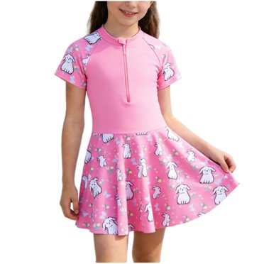 Maillot de Bain une Pièce pour Filles avec Jupe, Robe de Bain pour Enfants avec Imprimé Lapin, Maillot Dermoprotecteur Demi-Glissière pour Filles, Maillot de Bain d'Été pour Plage et Jeux d'Eau à la Piscine Extérieure