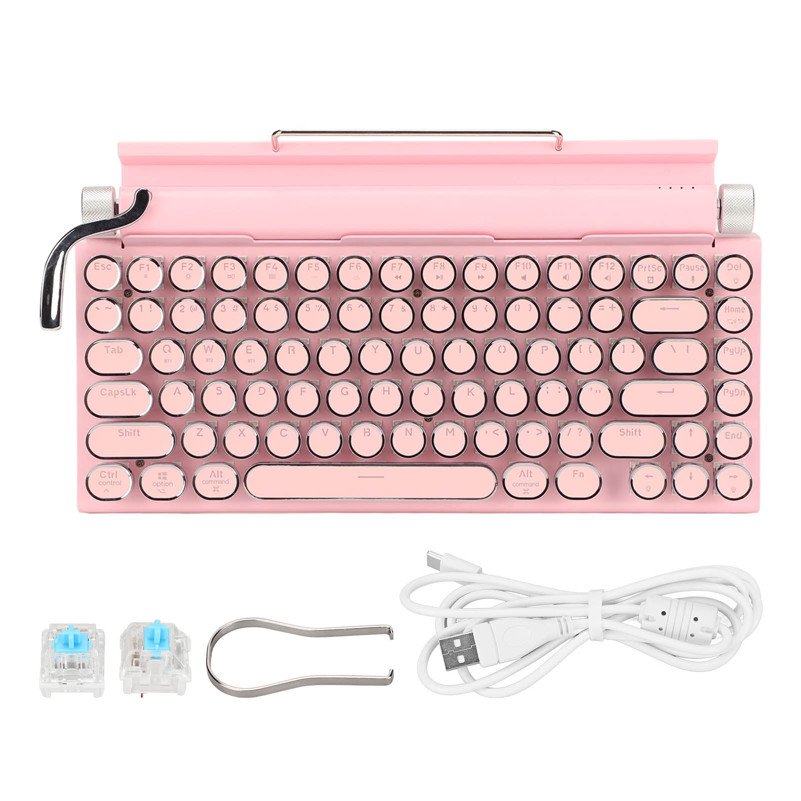 Typewriter Mechanical Keyboard, Retro Round Keycap Support 3 Devices FN Master Mechanical Keyboard  For Tablet Pink