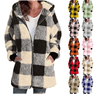 yoeyez Manteau en Molleton Duveteux pour Femme avec Poches, Coupe Ample, Fermeture Éclair, Chandail à Capuchon Sherpa à Carreaux, Vestes Chaudes en Peluche avec Capuche, Poches Drapées, Brun, P