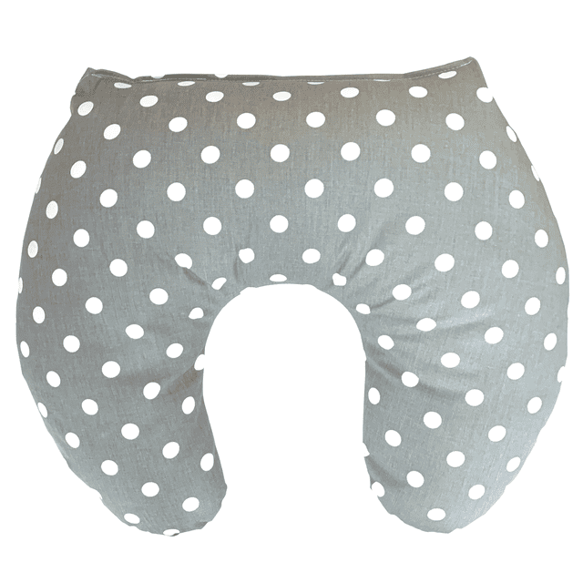 Ara Enfants Ergonomic Grey and White Polka Dotted Feeding Pillow - #800fp. This U-shaped nursing pillow features a grey fabric with white polka dots, designed for ergonomic support during nursing, bottle feeding, or tummy time. Made in Canada, it is intended for awake time use only.