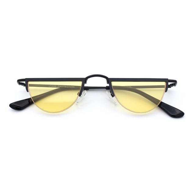 Funky Cropped Half Circle Flat Top Half Metal Rim Hippie Sunglasses Black - Yellow