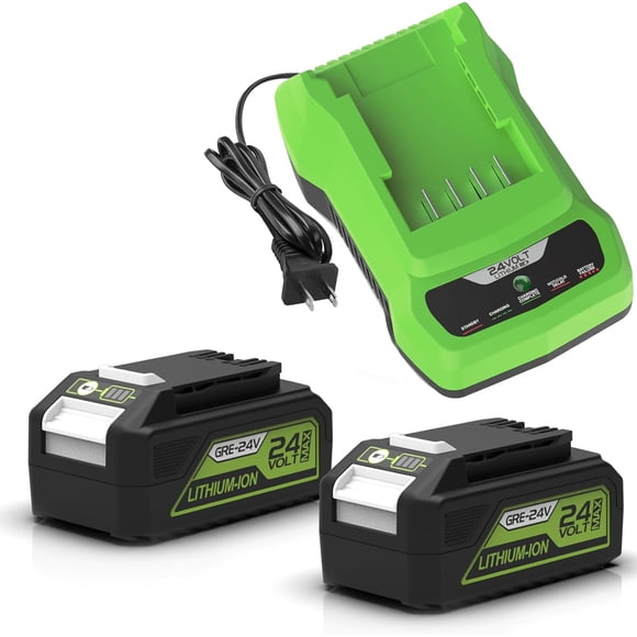 2 Packs 6.0Ah for Green-works 24V Battery 29842 29852 + Replacement 24V Green-works Battery Charger for Green-works 24V Cordless Tools 20352 22232 2508302
