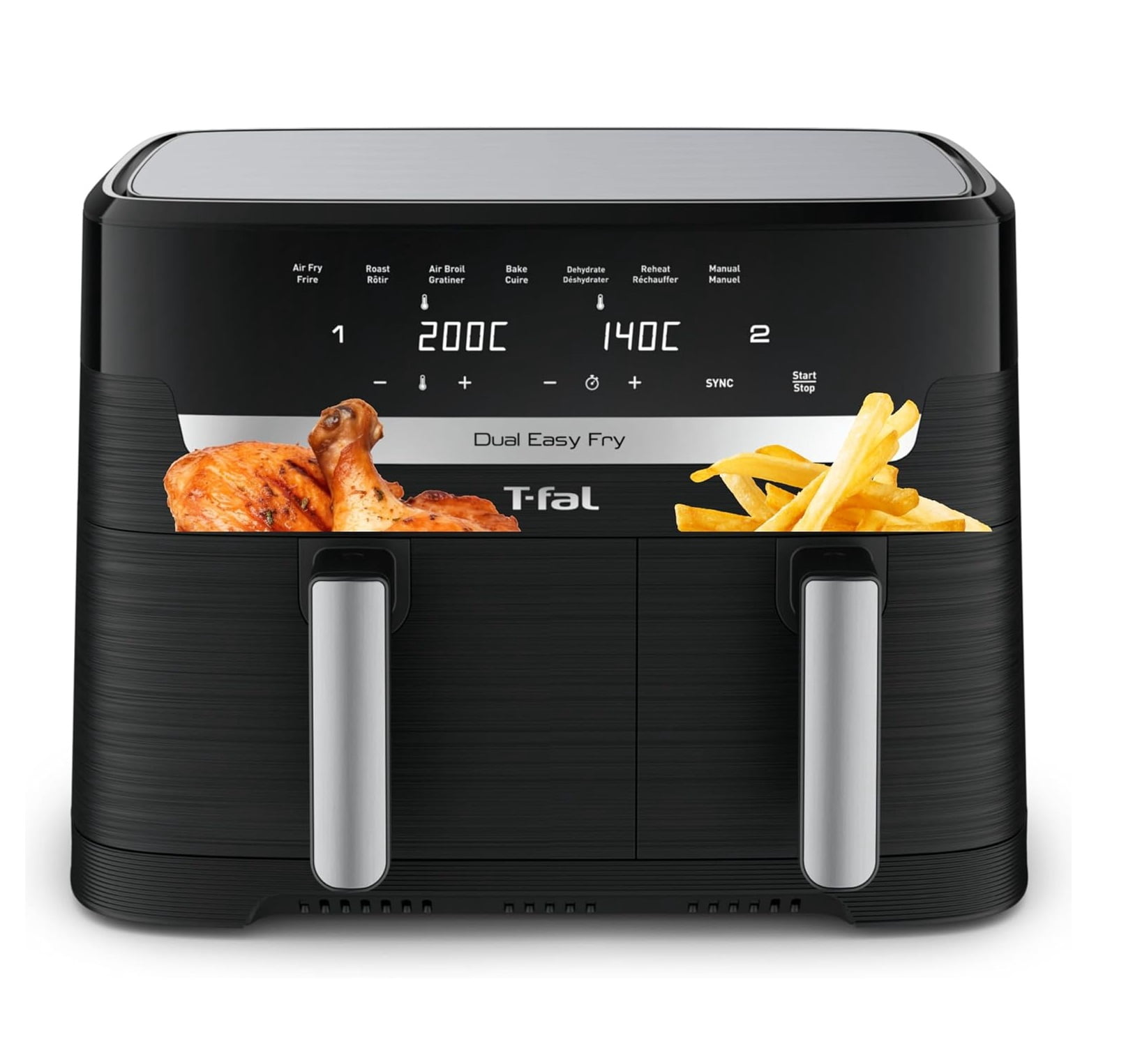 Refurbished T-fal EY901850 Dual Easy Fry, Air Fryer, 8.3 L Capacity, Dual Drawers, Black