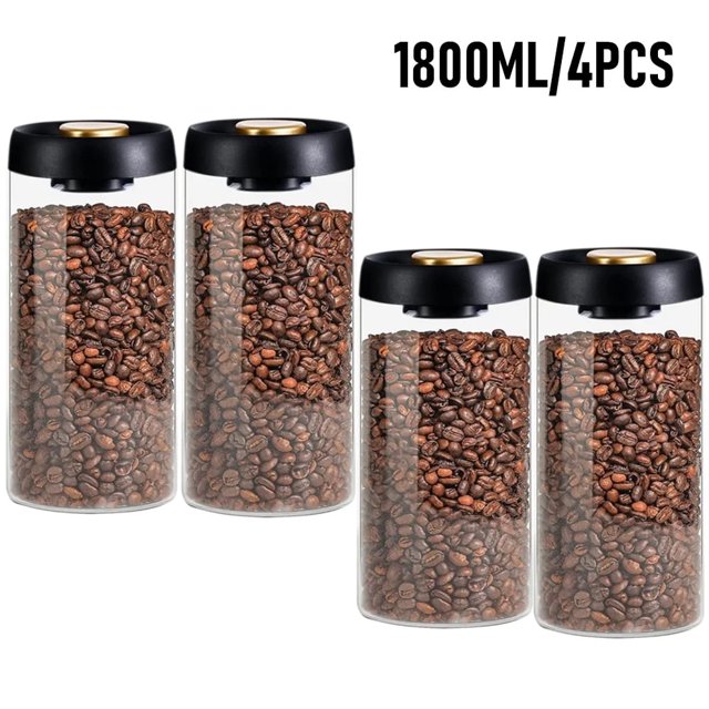 Glass Coffee Canister 4PCS Set with Airtight Lid Vacuum Seal Cafe Beans Containers Jars Kitchen Food Storage Tanks for Sugar,Candy,Spices,Oats,Pasta