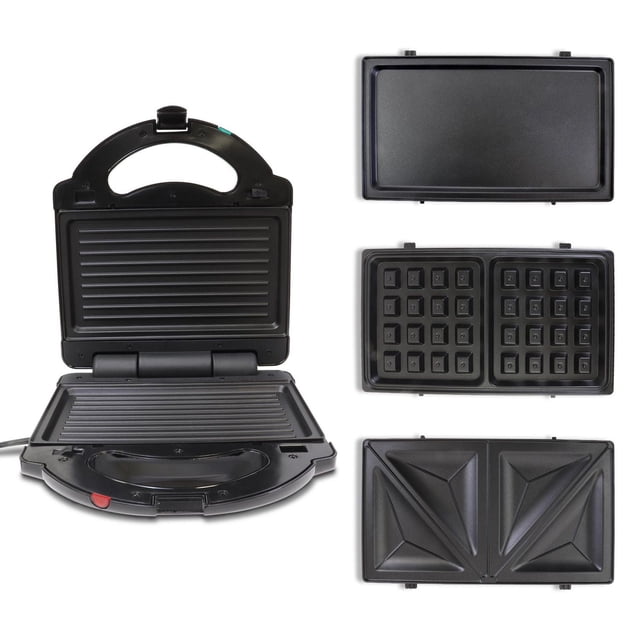 Total Chef 4-in-1 Grill, Griddle, Sandwich & Waffle Maker with the main unit open showing ribbed grill plates, alongside three interchangeable BPA-free non-stick plates: flat griddle, waffle iron with square pockets, and sandwich press with triangular compartments, designed for compact storage and easy cleaning.
