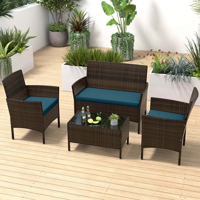 Costway 4 PCS Patio Furniture Set withWashable Cushions and Tempered Glass Coffee Table Blue