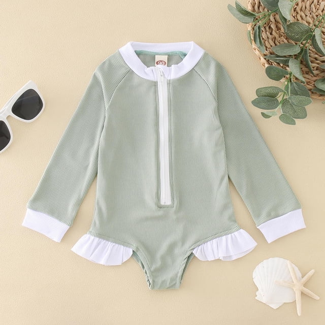 Toddler Girl Rash Guard Swimsuit Cute Long Sleeve Sun Protection Girls Bathing Suits for Girls 3-4 Years