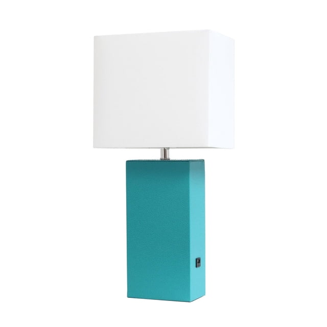 Elegant Designs Modern Leather Table Lamp with USB and White Fabric Shade featuring a rectangular teal leather-wrapped base with a side USB port and a white rectangular fabric shade, measuring 21 inches tall, suitable for living room, bedroom, or office use with convenient device charging.