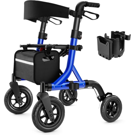 Walkers for Seniors, Rollator Walker with Seat, 10" Rubber Wheels All Terrain Rollator Walker with Backrest, Aluminum Walkers Built-in Cable, Foldable and Adjustable Height for Seniors, Blue