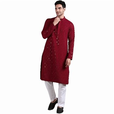 DWEEP SARA Ensemble Kurta Pyjama en Viscose à Paillettes Mehroon pour Hommes, Tenue Ethnique Festive, TTG