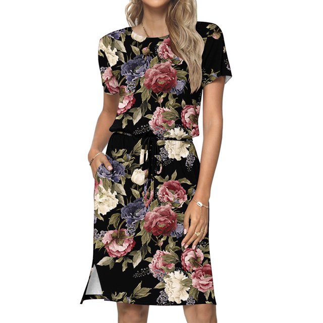 Fshaion Robe d'Été pour Femmes 2024 Grande Taille Décontractée Col Rond Bretelles Manches Courtes Imprimé Floral Robe Ample avec Poche Liquidation à Moins de 10!