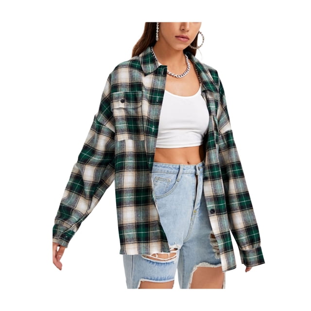 Women Plaid Flannel Shirt Jacket Button Down Lapel Long Sleeve Shirts Blouse Shacket Cardigan Coats Fall Spring Clothes
