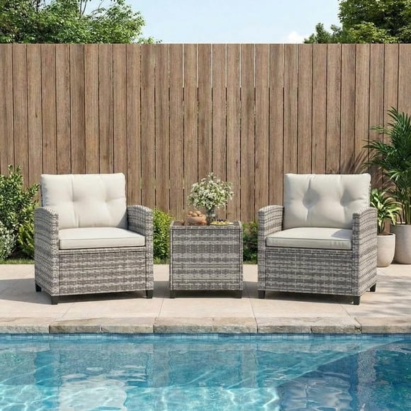 IdealHouse 3-Piece PE Rattan Patio Set, Outdoor Chairs & Glass Table – All-Weather Conversation Set for Patio, Balcony (Grey & Beige)