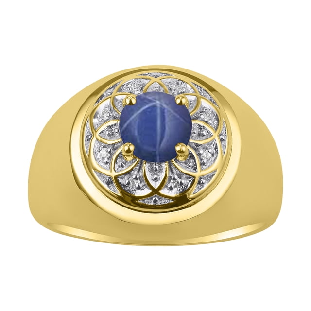 RYLOS Men's Rings Yellow Gold Plated Silver Designer Gypsy 7MM Gemstone & Diamond Ring Blue Star Sapphire Size 11