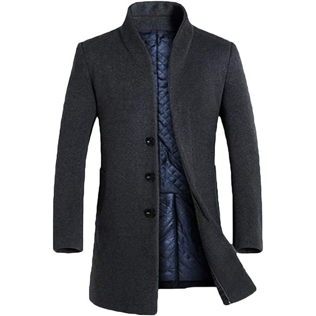 Men's Trench Coat Long Wool Blend Overcoat Slim Fit Down Topcoat