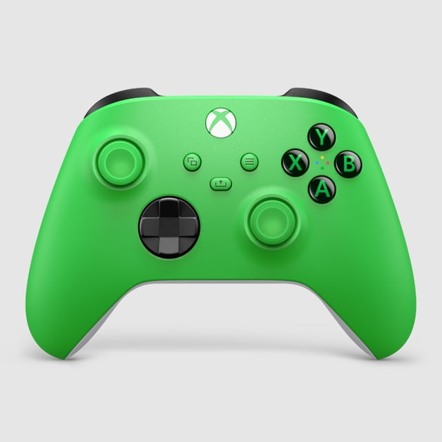 Xbox Wireless Controller – Velocity Green for Xbox Series X|S, Xbox One, and Windows Devices shown front-facing with a bright green matte finish, black hybrid D-pad, textured thumbsticks, black A, B, X, Y buttons with green lettering, and the white Xbox logo button centered at the top, ideal for wireless gaming on console, PC, and mobile devices.