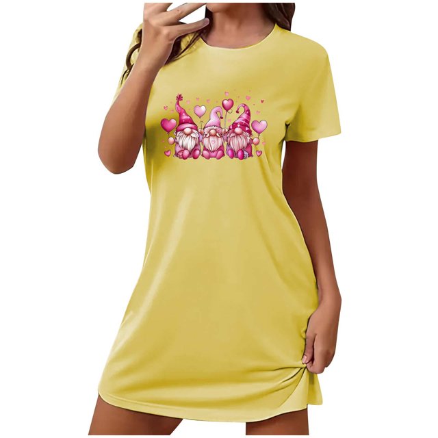 Chemises de Nuit pour Femmes, Douce Confortable Légère à Manches Courtes Robe de Nuit Confortable pour Dames à Imprimé Cœur Robes de Nuit pour Femmes Robe de Sommeil Jaune G