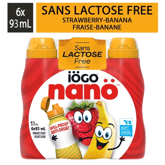 iÖGO nanö Drinkable Yogurt, Strawberry-Banana, Lactose-Free , Yogurt Drink , 1%, 6x93ml