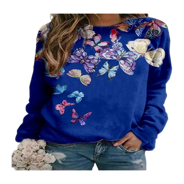 QJUHUNG Sweat-Shirt Décontracté à Manches Longues pour Femmes Papillon Imprimé Graphique Floral Pull Léger