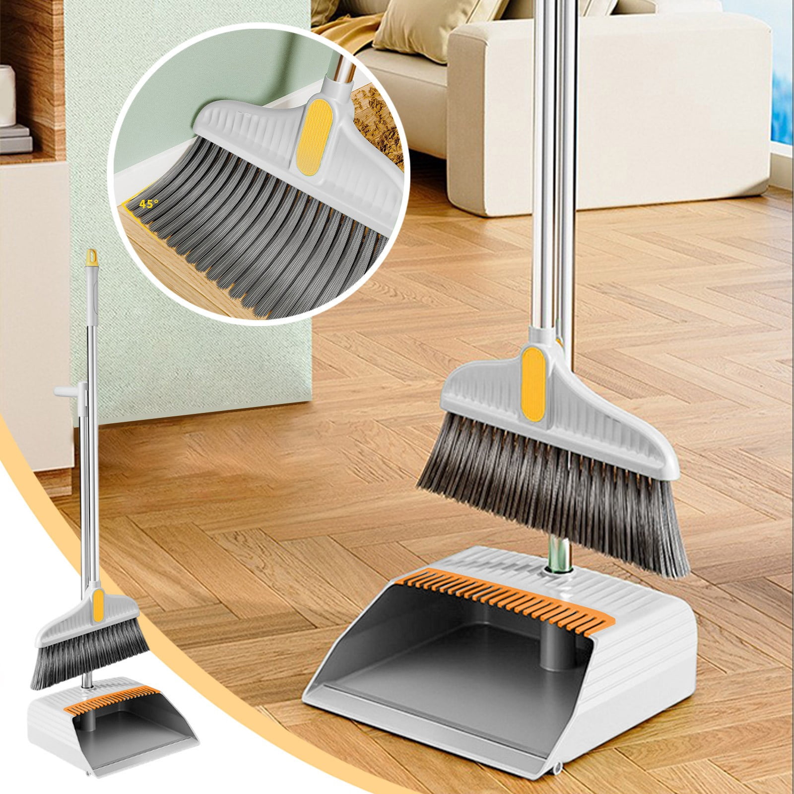 Wuztai 2-in-1 Broom Dustpan Set, Space Saving Upright Storage Broom Dustpan Combo, Heavy Duty Rotating Broom Head with Built-In Comb for Pet Hair Home Kitchen Cleaning