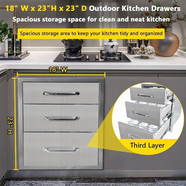 AKDSteel Outdoor Kitchen Drawers, 24" x 6.5" x 23" Stainless Steel Flush Mount Bbq Drawers With Grooved Handle, 3-Layer Design