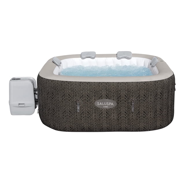 SaluSpa® Cabo EnergySense® HydroJet™ 6 Inflatable Hot Tub with SmartApp Control, front-facing square inflatable spa with textured dark brown exterior and beige top rim, filled with bubbling water and four gray headrests inside. Includes attached white control unit on the left and SaluSpa logo on front. Suitable for up to six adults, featuring energy-efficient insulated walls and HydroJet™ massage nozzles for targeted water jets and air bubbles.