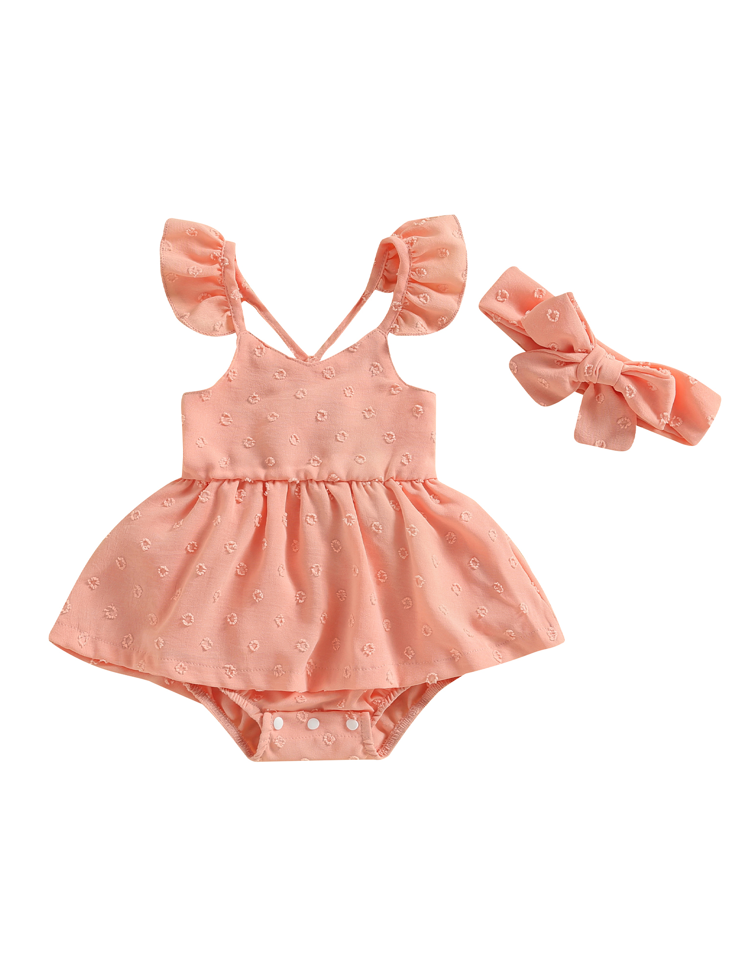 Faithtur Ensemble de Barboteuse pour Bébé Fille, Robe Trapèze à Manches Volantées et Col Ras du Cou avec Bandeau pour un Usage Quotidien Décontracté