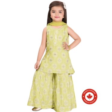 DWEEP SARA Ensemble de Costume Sharara pour Filles Perroquet Vert Lime avec Miroir Exquis et Broderie à la Main, 2-3 Ans(20)