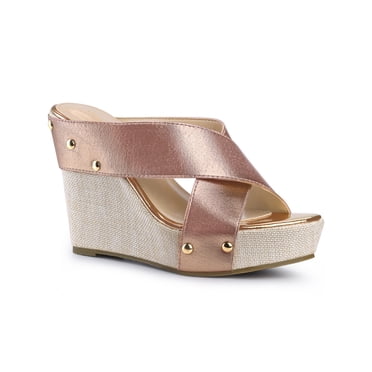 BLISSFUL STEP Women's Shoes Platform Wedge Cross Strap Studs Fabric Upper Open Toe Heels Sandals Rose Gold 6