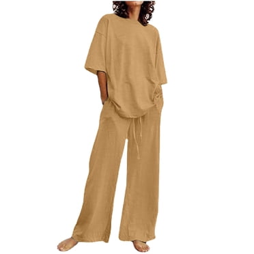 Pisexur Ensemble 2 Pcs pour Femme en Coton et Lin pour Femmes, Chandail à Manches Courtes avec Cordon, Pantalon Long, Survêtement, Ensemble Jogger, Pantalon Uni, Tenue Décontractée Deux Pièces