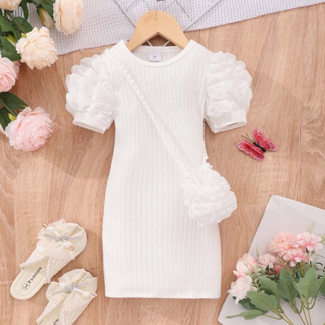 RXIRUCGD Robe Sac à Bulles Légère à Manches Courtes à Col Rond de Couleur Unie pour Petites et Moyennes Filles ( Blanc, Taille : 2 Ans )
