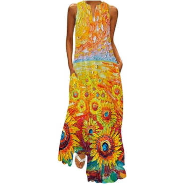 Pisexur Robe d'Été de Plage pour Femme, Robe Longue Formelle à Fleurs, Manches Courtes, Col en V, Décontractée, Ample, Grande Taille, avec Poches