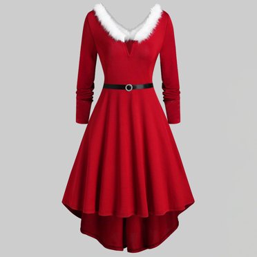 Aboser Mrs Claus Robes de Costume de Père Noël pour Femmes 2024 Hiver Robe Trapèze Xmas Bordure Duveteuse Robes Midi Robe de Noël Tenue de Père Noël